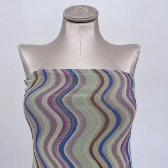 Zara Wavy Print Strapless Tulle Midi Dress Mesh Bodycon Psychedelic Retro M - Picture 2 of 9